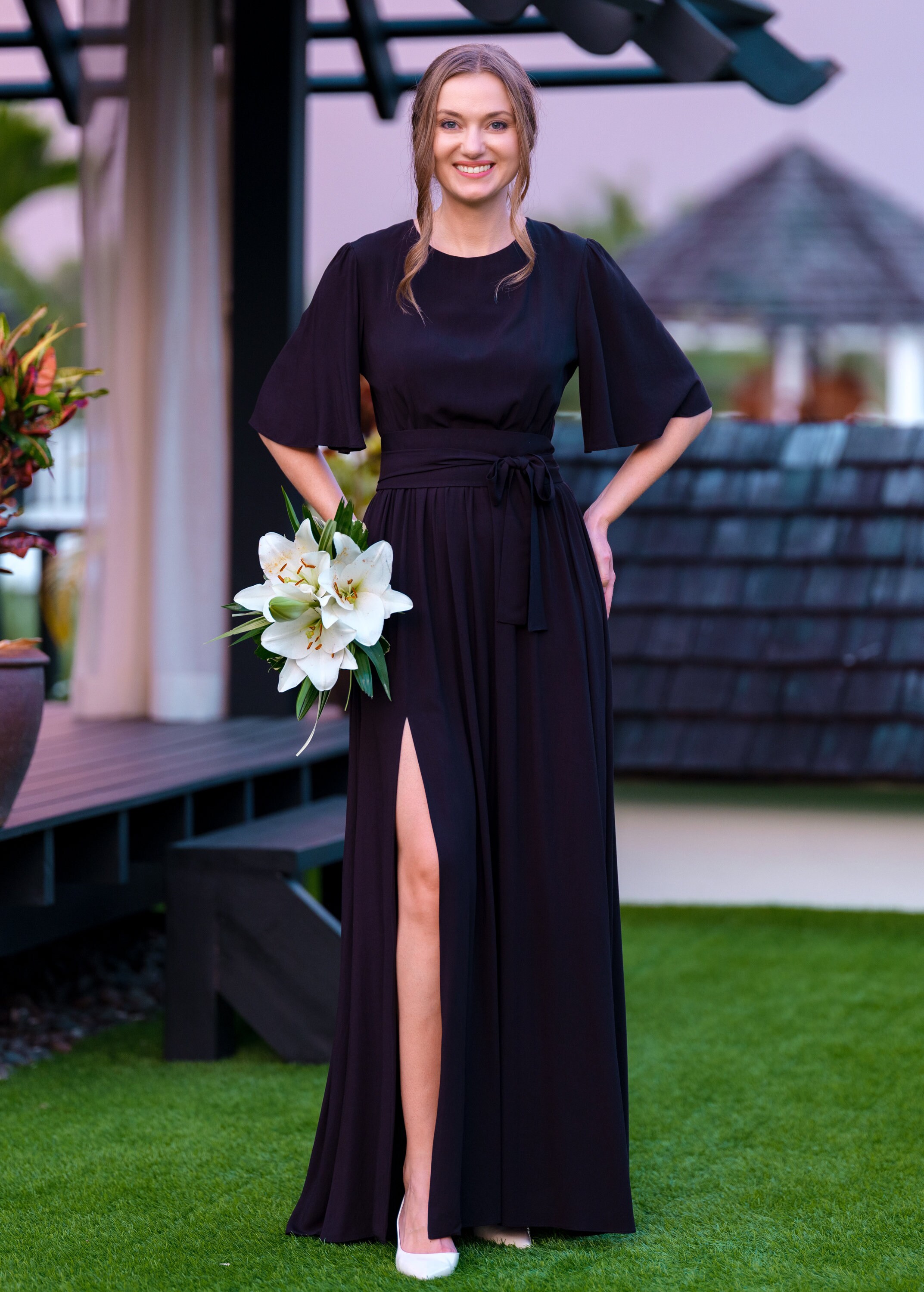 Black Long Dress With Belt, Viscose Slit Dress, Bridesmaids Dress, Wedding  Guest Dress, Summer Dress, Evening Dress, Formal Dress - Etsy