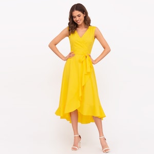 Yellow cotton sleeveless wrap dress, bridesmaid dress, romantic dress, mid-calf dress, summer dress, asymmetrical vacation dress