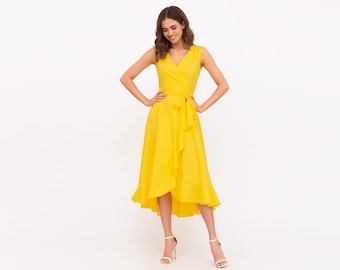 Yellow cotton sleeveless wrap dress, bridesmaid dress, romantic dress, mid-calf dress, summer dress, asymmetrical vacation dress