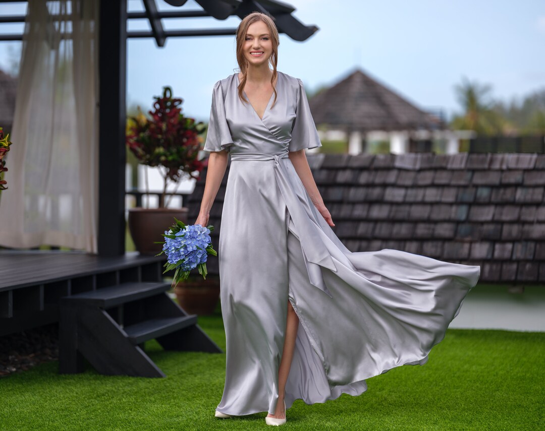 silk wrap bridesmaid dress Dusty Sage Silk Wrap Long Dress