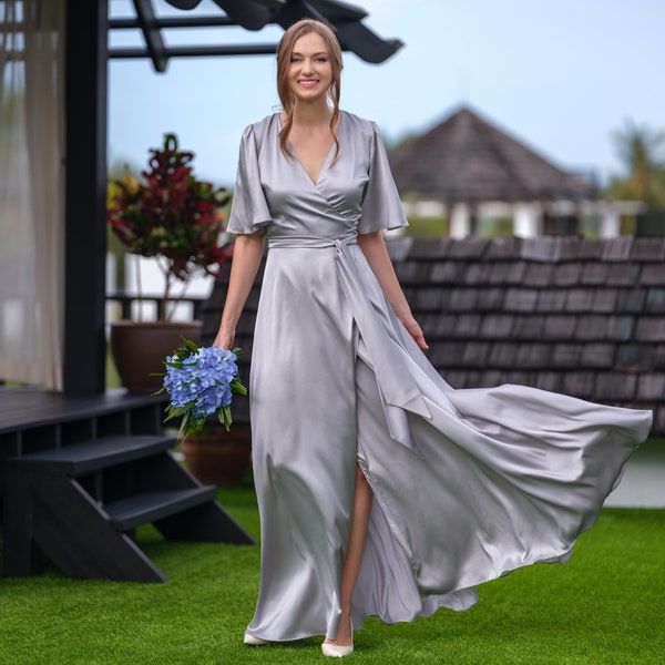 Silver Grey silk wrap dress, bridesmaid dress, wedding guest dress, silk satin dress, maxi dress, evening dress, long dress, formal dress