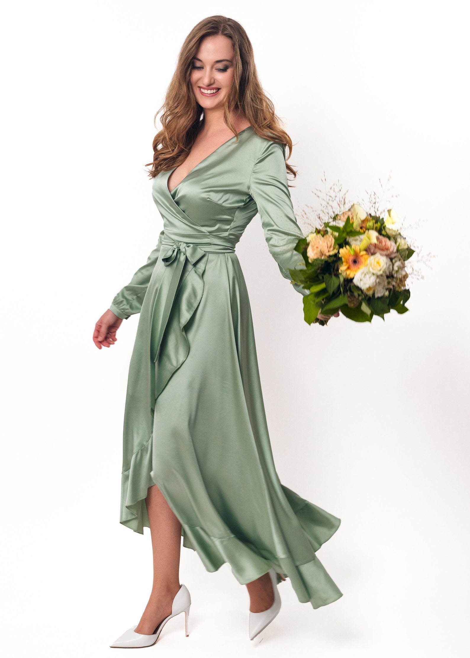 Sage Wrap Organza Sleeve Belted Dress - Delanie