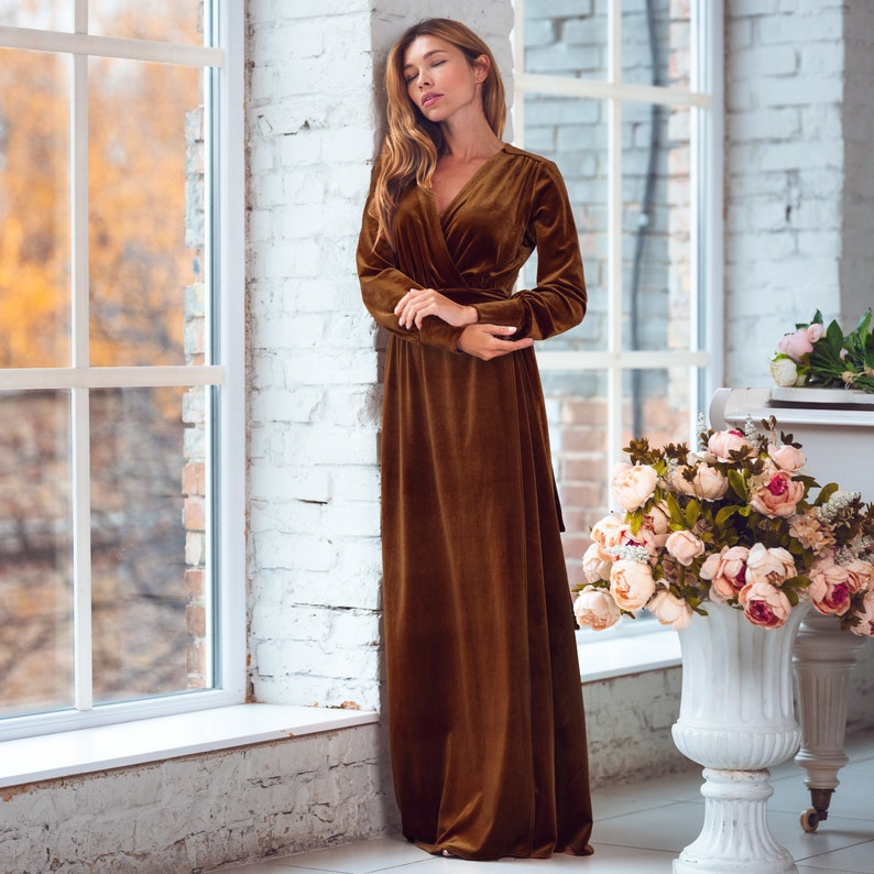 Rust gold velvet long wrap dress, bridesmaid velvet dress, wedding dress, velvet bridesmaid dress, New Year dress, maxi dress,evening dress image 3