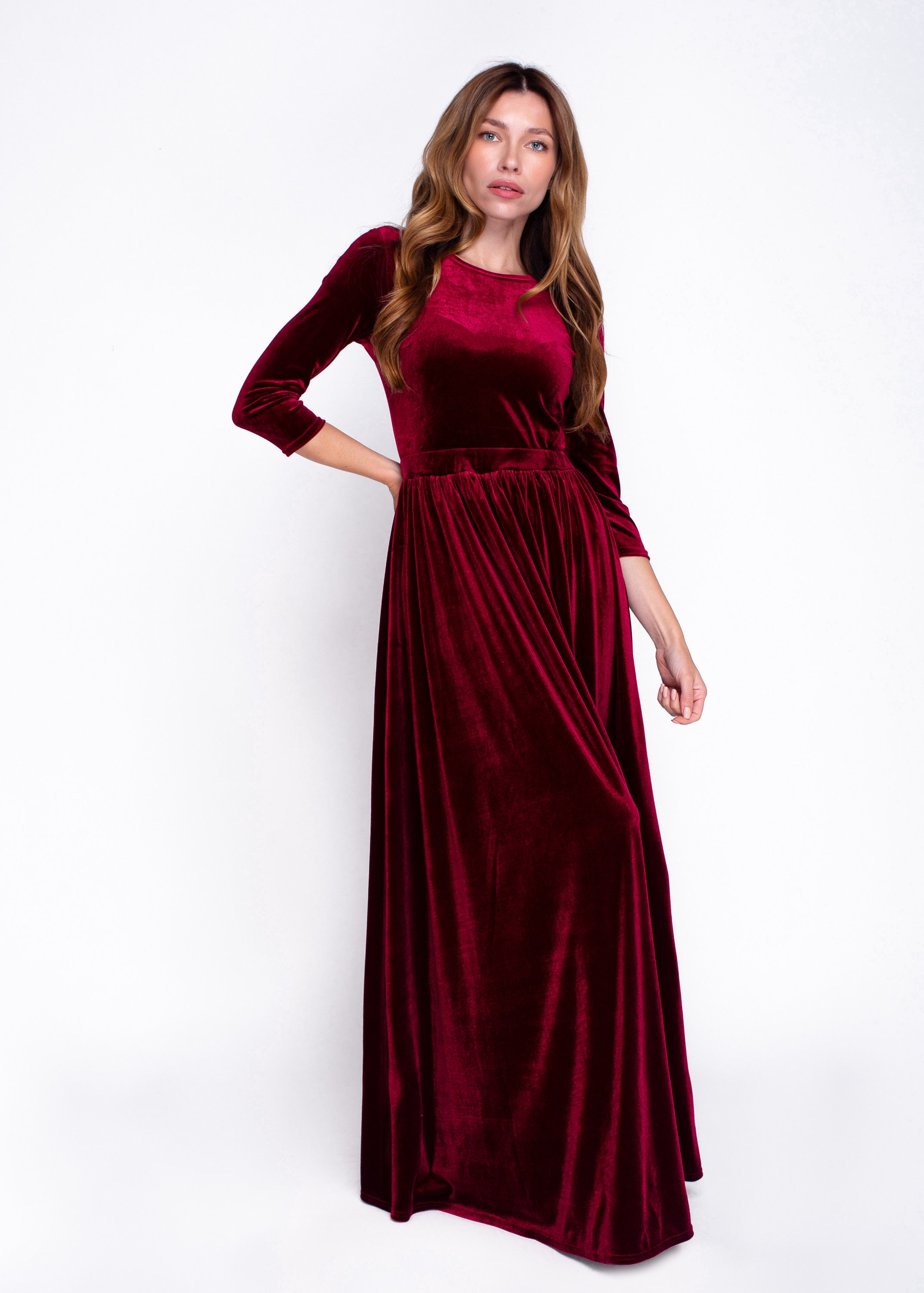 christmas maxi dress with sleeves Casual A Line Chiffon V-neck Long Sleeve Evening Dress with Pleats and Split Front