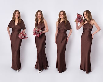 Vestido infinito, vestido de seda marrón chocolate, vestido de dama de honor, vestido de seda, vestido multienvoltura, vestido convertible, vestido multiway, vestido largo