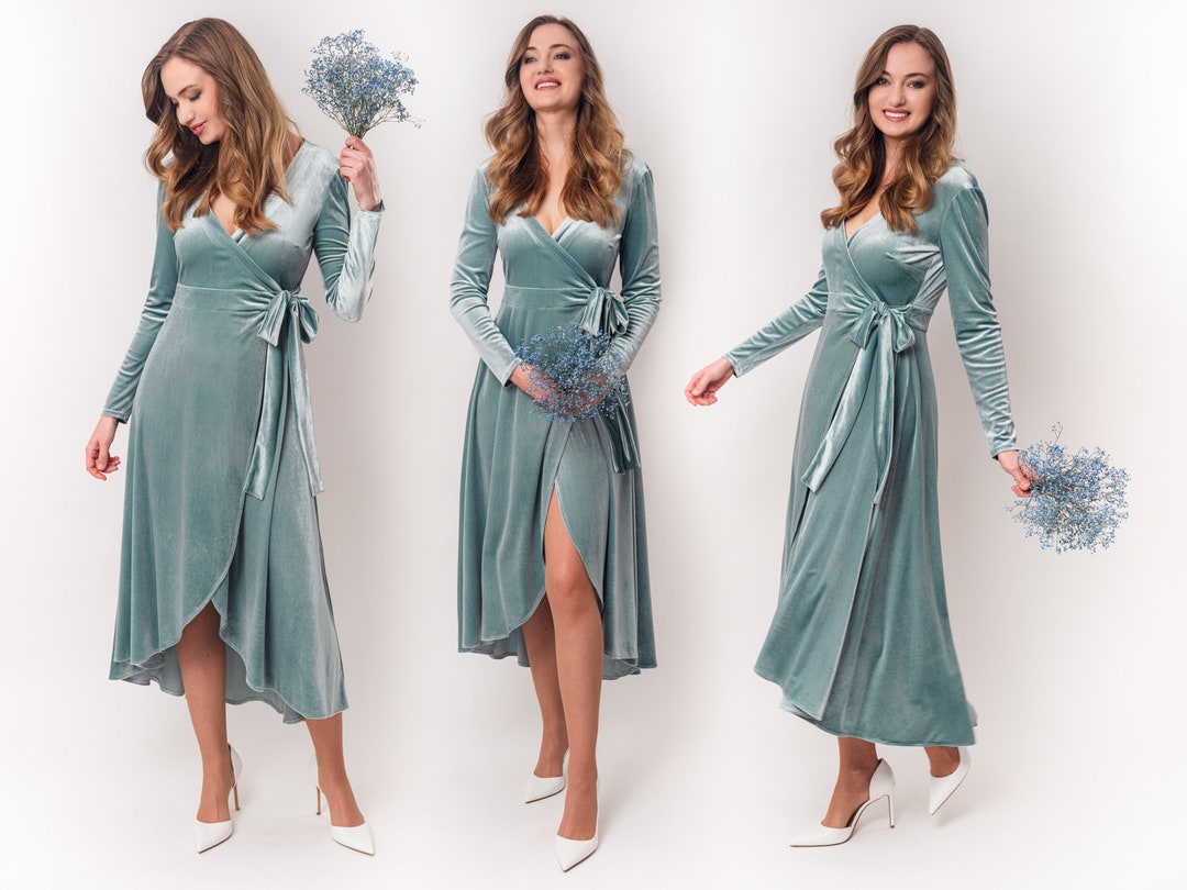 Dusty Blue Velvet Wrap Dress, Evening Dress, Bridesmaid Velvet Gown
