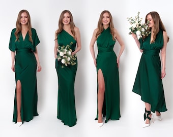 Robe infinie de luxe, robe en soie fendue vert foncé, robe de demoiselle d'honneur, robe d'invité de mariage, robe convertible, robe multi-voies, robe longue