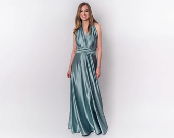 Stoffige blauwe luxe satijnen oneindigheidsjurk, bruidsmeisjesjurken, bruidsmeisjes oneindigheidsjurk, zijden oneindigheidsjurk, wikkeljurk, Maid of Honor-jurk