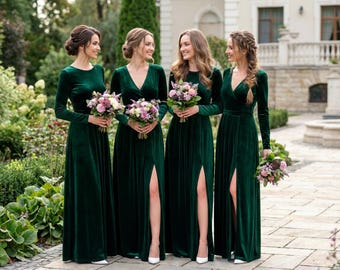 Emerald green velvet maxi dress - holiday gown with long sleeves and slit, Christmas Party, Winter Wedding, Bridesmaid