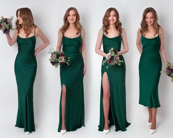 Dark green silk slit dress, bridesmaid dress, silk satin dress, wedding guest dress, evening dress, wedding cocktail party dress