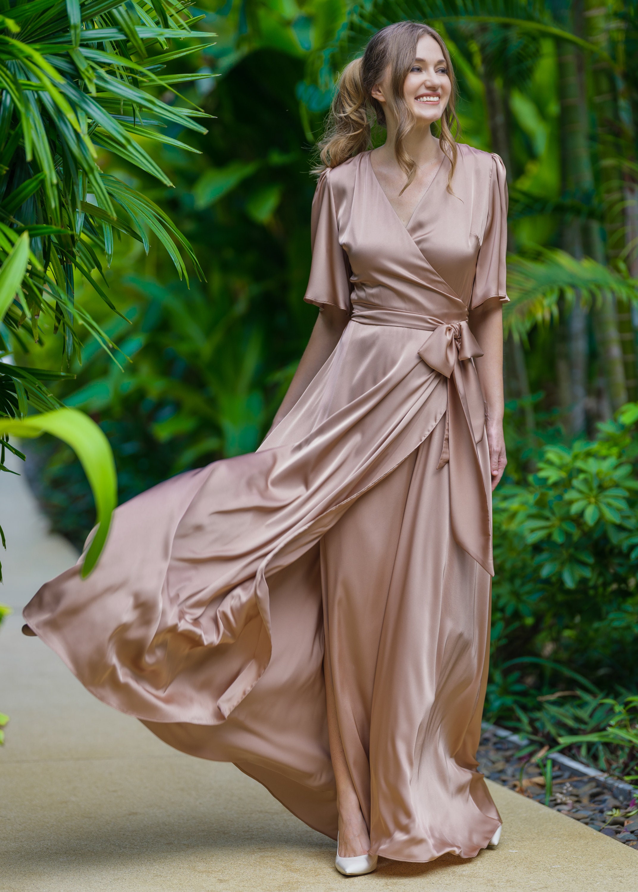 kali formal satin wrap dress Crinkle Satin Sleeveless Maxi Wrap Dress | Gown