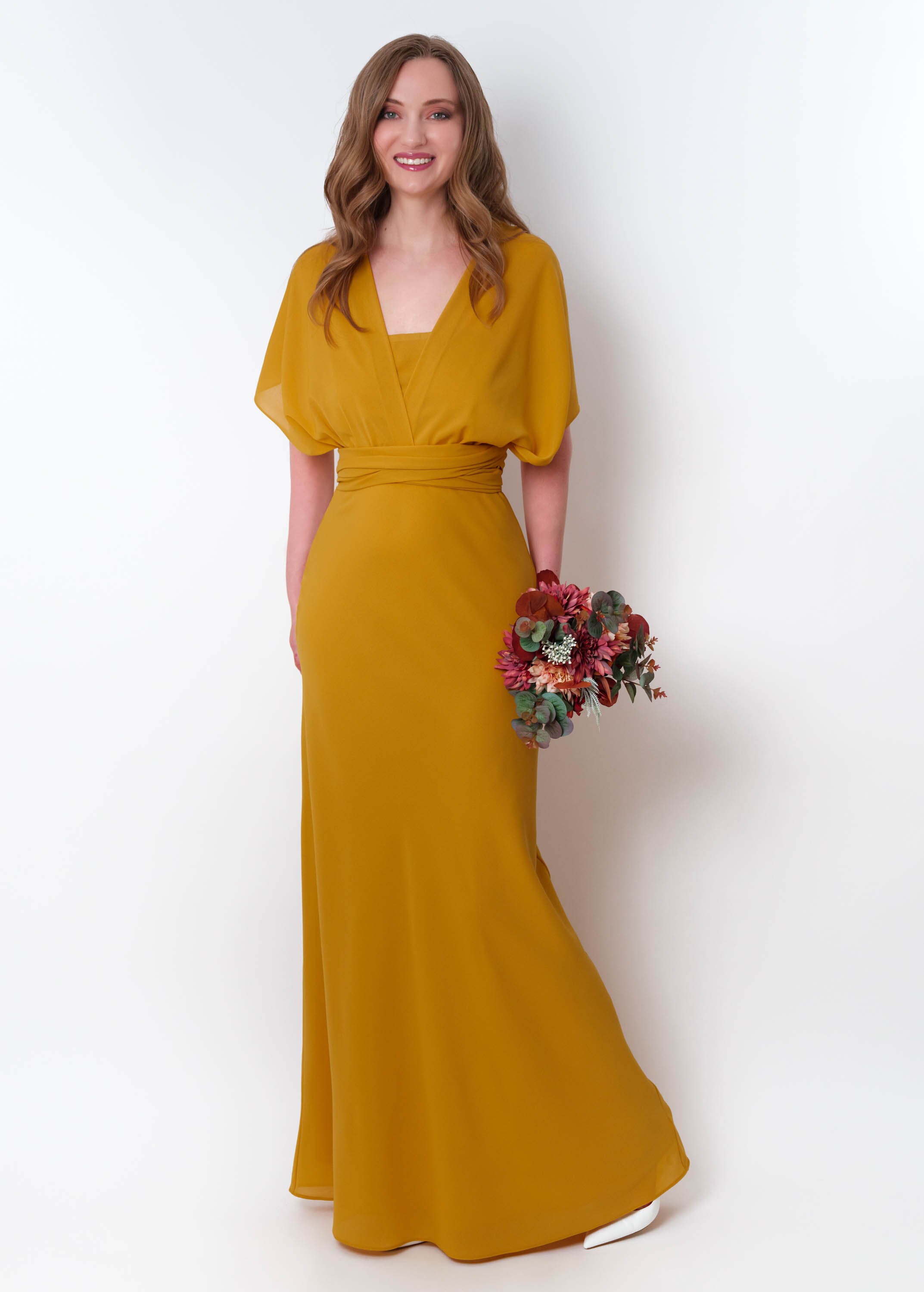 Gold Chiffon Infinity Dress, Multiway Bridesmaid Gown, Wedding Guest Outfit