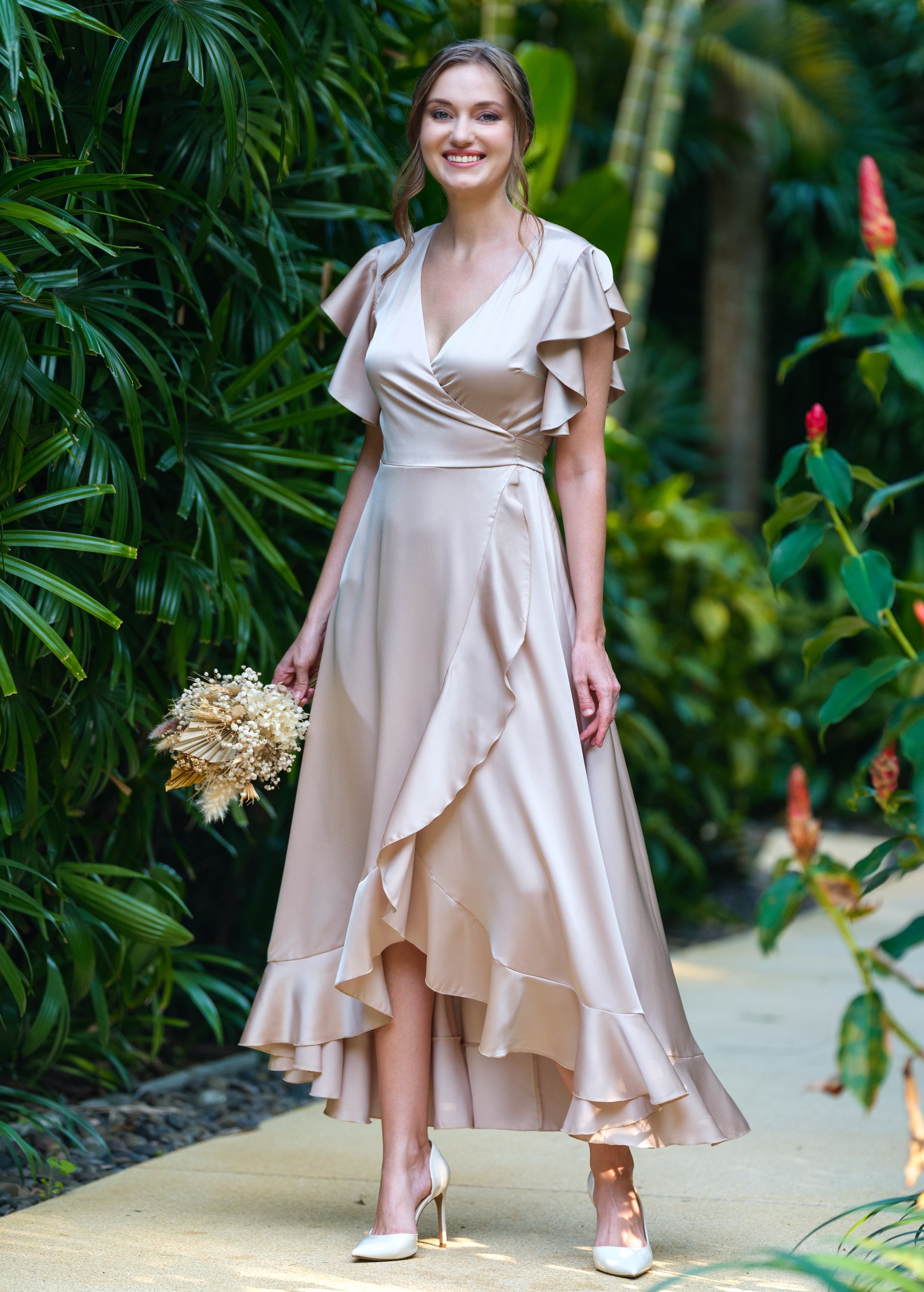 Champagne beige silk dress, silk dress, wrap dress, bridesmaid dress, wedding guest dress, women dress, maxi dress, evening dress