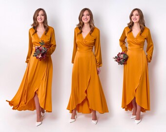 Gold Silk Wrap Dress with Long Sleeve, Plus Size, Bridesmaids