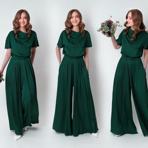 Dark green silk jumpsuit, silk jumpsuit, bridesmaid jumpsuit, wedding guest jumpsuit, evening jumpsuit, bridesmaid dress, cocktail dress