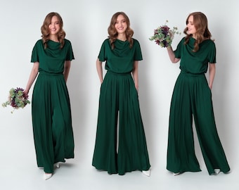 Donkergroene zijden jumpsuit, zijden jumpsuit, bruidsmeisje jumpsuit, bruiloft gast jumpsuit, avond jumpsuit, bruidsmeisjesjurk, cocktailjurk