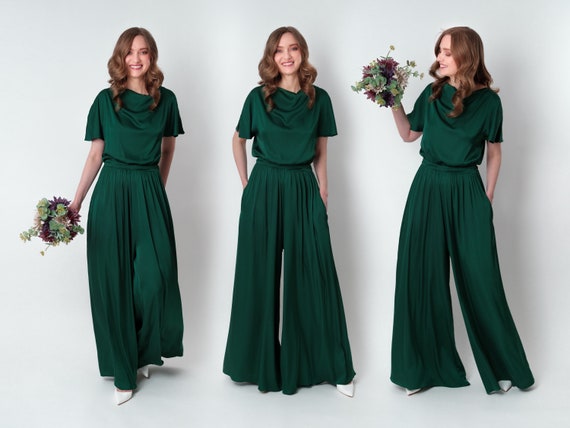 Dark Green Silk Jumpsuit Silk Jumpsuit Bridesmaid Jumpsuit Wedding Guest Jumpsuit Evening Jumpsuit Bridesmaid Dress Cocktail Dress Etsy