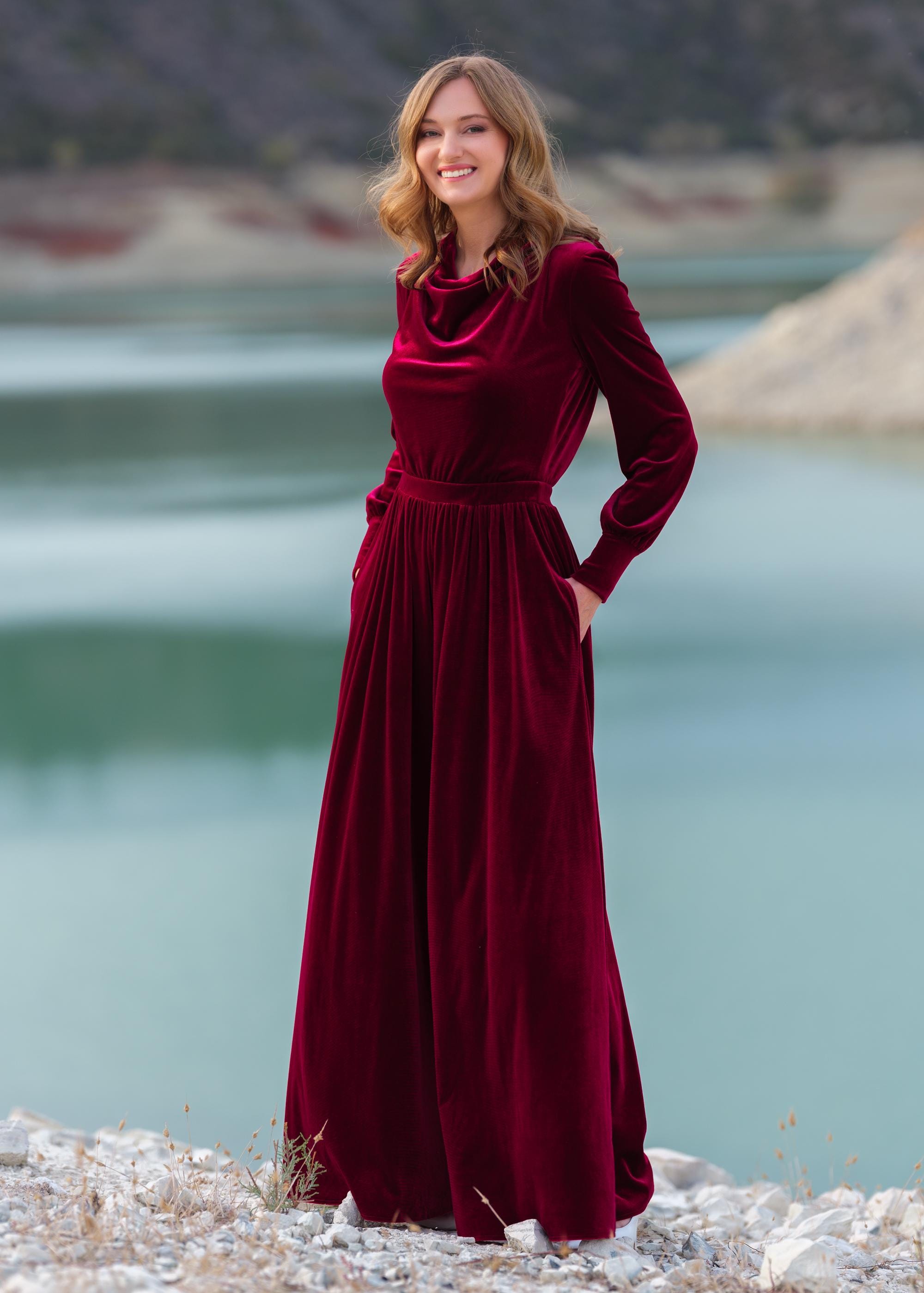 Long Sleeve Burgundy Overall Skirt Long Sleeve Velour Gown With Scarf 12  Merlot