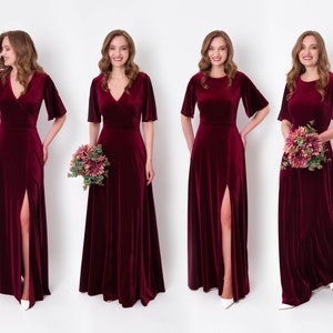 Plum burgundy velvet long slit dress, bridesmaid velvet dress, wedding guest dress, velvet gown, velvet dress, maxi dress, evening dress