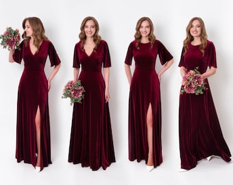 Plum burgundy velvet long slit dress, bridesmaid velvet dress, wedding guest dress, velvet gown, velvet dress, maxi dress, evening dress