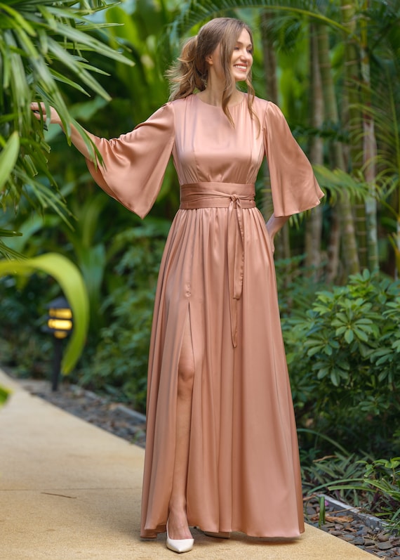 Silk dress in rose gold with belt, long slit dress, bridesmaid dress, wedding guest dress, maxi dress, evening dress, Silk bridesmaid Silk dress in rose gold with belt, long slit dress, bridesmaid dress, wedding guest dress, maxi dress, evening dress, Silk bridesmaid