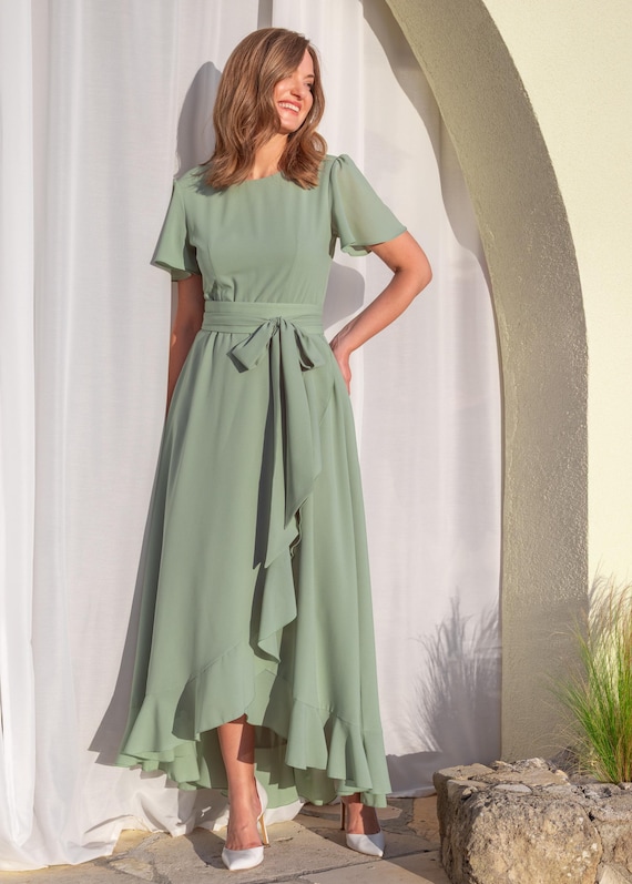 Chiffon dress | Sage green ruffle dress with belt | Bridesmaid dress | Wedding guest dress | Elegant Special Occasion dress | Custom Made Chiffon dress | Sage green ruffle dress with belt | Bridesmaid dress | Wedding guest dress | Elegant Special Occasion dress | Custom Made
