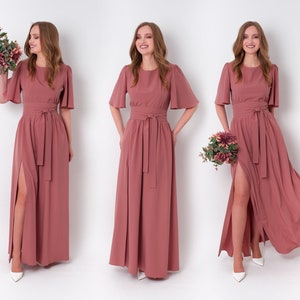 Rosewood long slit dress with belt, bridesmaid dress, cocktail dress, wedding guest dress, maxi party dress, formal dress, prom dress