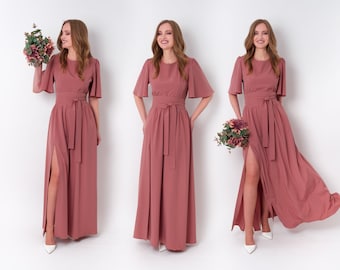 Rosewood long slit dress with belt, bridesmaid dress, cocktail dress, wedding guest dress, maxi party dress, formal dress, prom dress