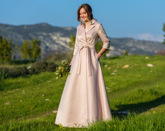 satin beige maxi dress Women's PLT Label Oyster Satin Long Sleeve Plunge Maxi Dress