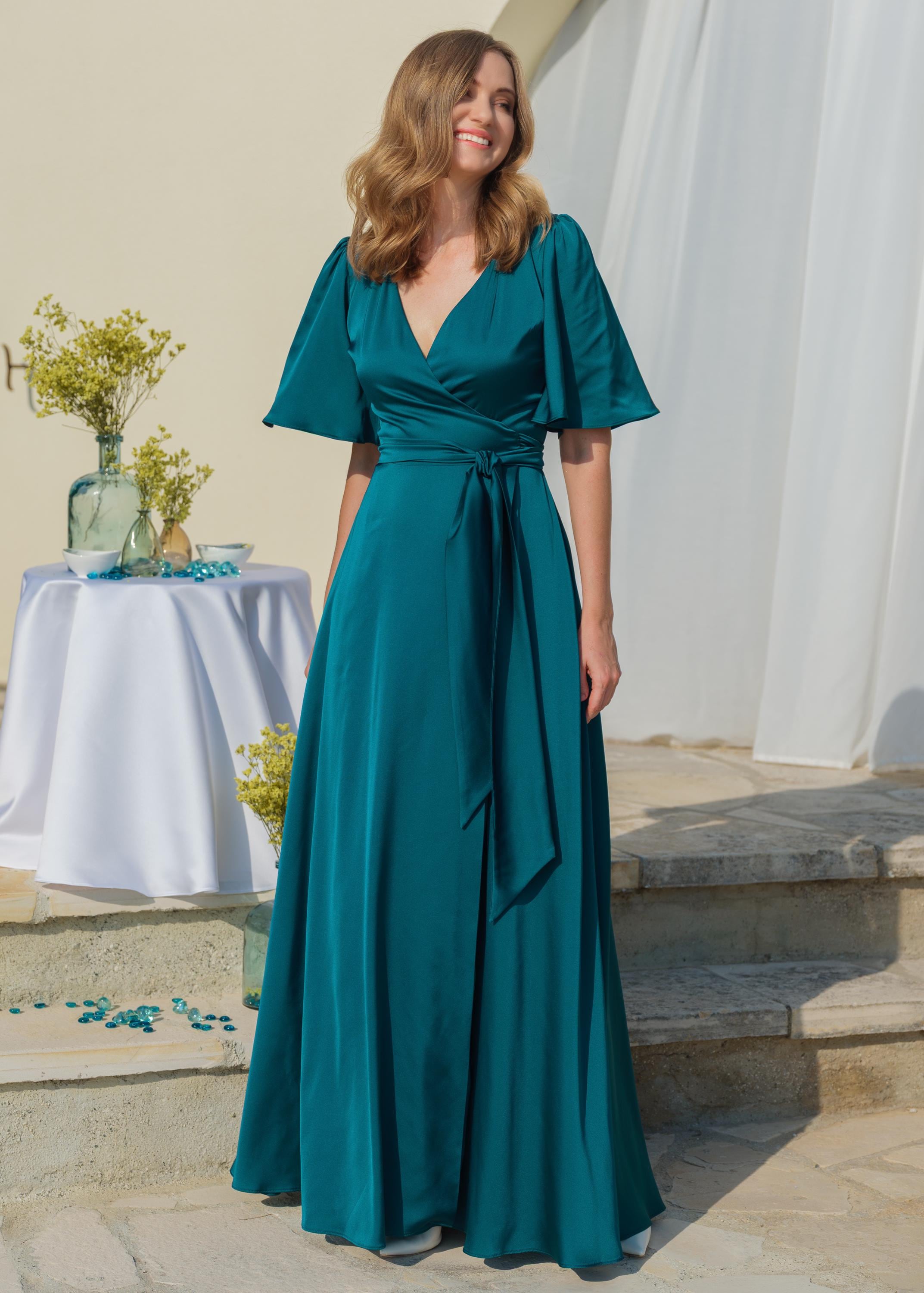 teal silk wrap dress The Sylphie Wrap Dress