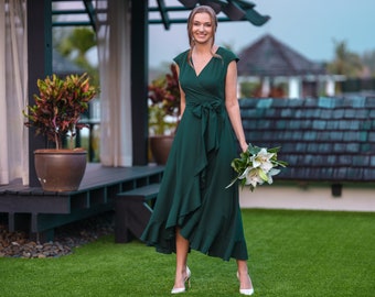 Dark green chiffon bridesmaid dress, wedding guest dress, bridesmaids dress, chiffon long wrap dress, evening dress, formal chiffon dress