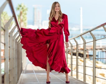 knee length dresses for ladies Lukea Long Sleeve Satin Mini Dress Red main image 0