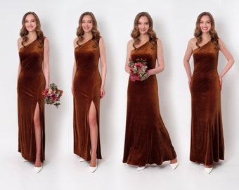 Rust gold velvet long dress, one shoulder dress, slit velvet dress, bridesmaid velvet dress, wedding guest dress, evening dress