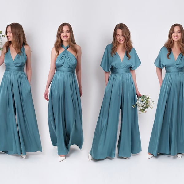 Aqua blue infinity jumpsuit, silk jumpsuit, bridesmaid jumpsuit, multi wrap multiway convertible jumpsuit, bridesmaid dress