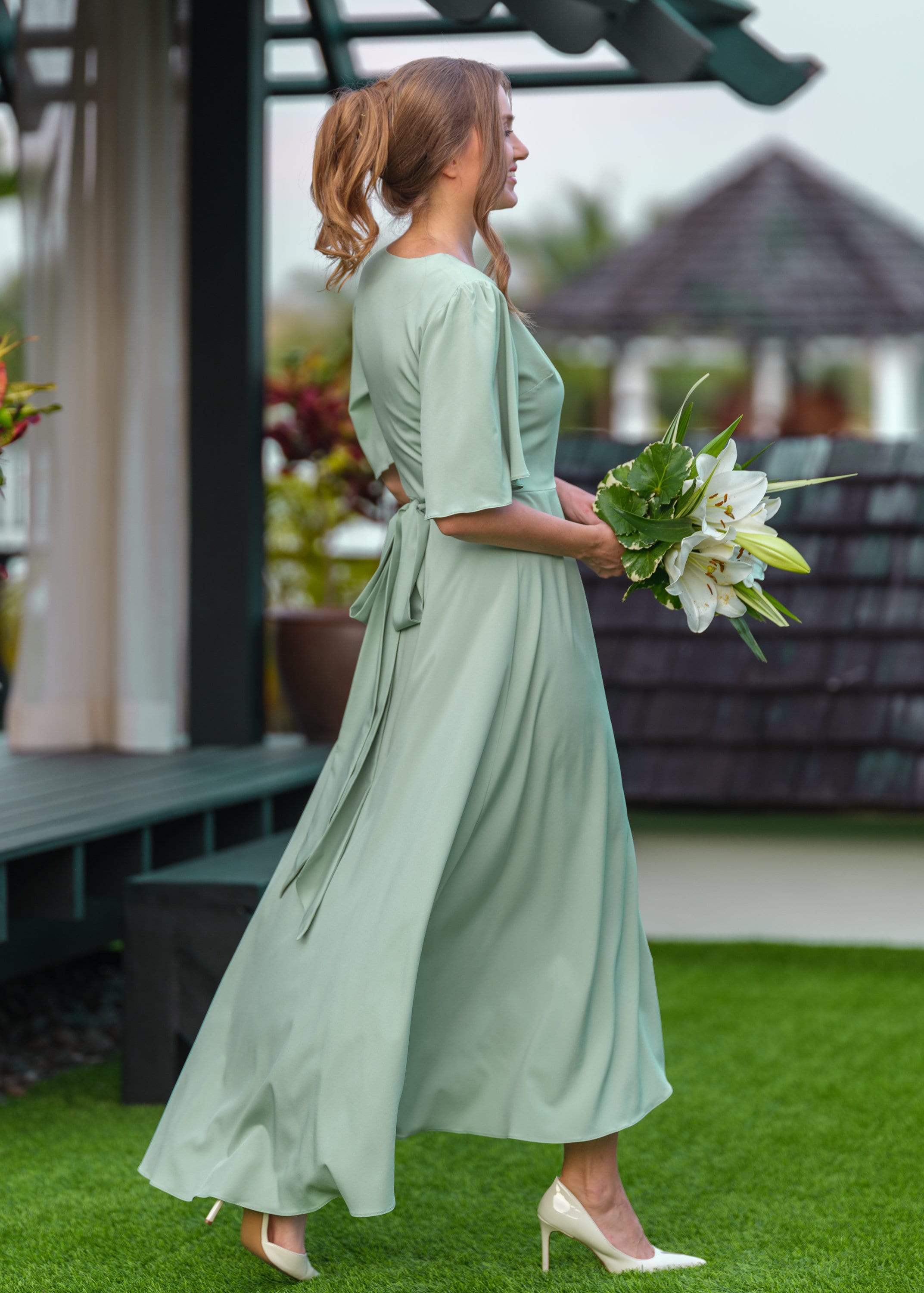 Sage green long wrap crepe dress, bridesmaid dress, wedding guest dress, formal dress, cocktail dress, evening dress, ruffle dress
