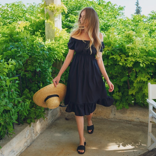 Black organic linen off shoulder midi dress, summer dress, a-line dress, mid-calf dress, natural cotton dress, fitted