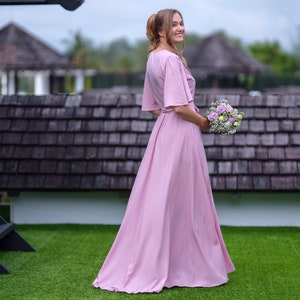 Rose pink romantic wrap dress, bridesmaids dress, maxi dress, long dress, wedding guest dress, formal dress, evening summer dress