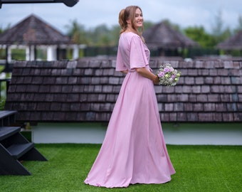 Rose pink romantic wrap dress, bridesmaids dress, maxi dress, long dress, wedding guest dress, formal dress, evening summer dress