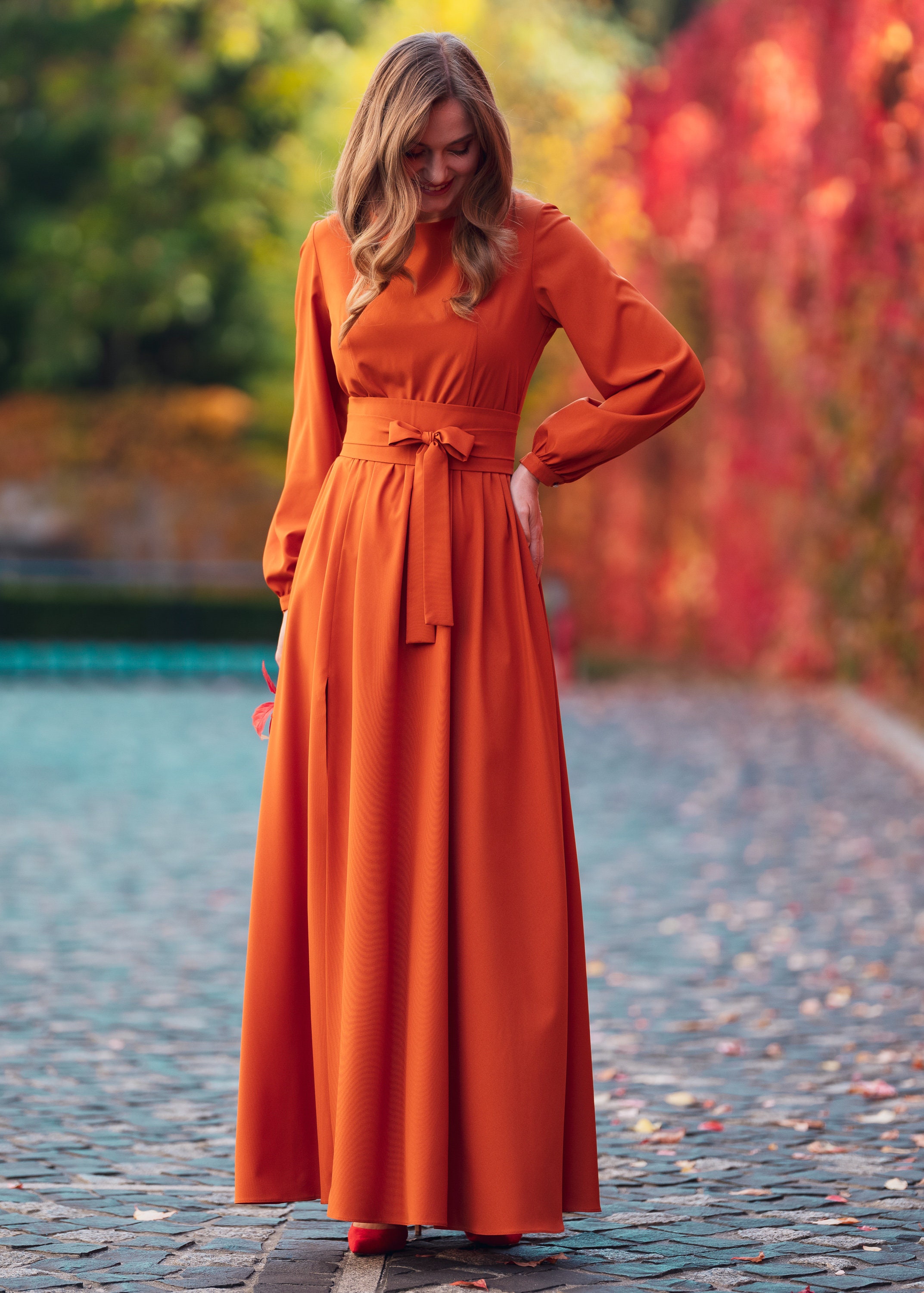 Rust Orange Long Dress With Belt Bridesmaid Dress Cocktail Dress