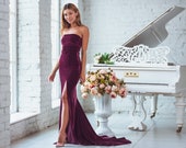 Plum burgundy maxi velvet mermaid train dress, wedding guest dress,evening dress,velvet bridesmaid dress, special occasion, bodycon dress