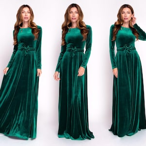 Smaragdgrünes langes Samtkleid mit Gürtel, Weihnachtssamtkleid, Abendkleid, Samtkleid für Brautjungfern, Hochzeitsgastkleid, Partykleid