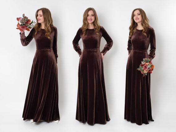 Red Velvet Long Sleeves Formal Prom Evening Dress EN145