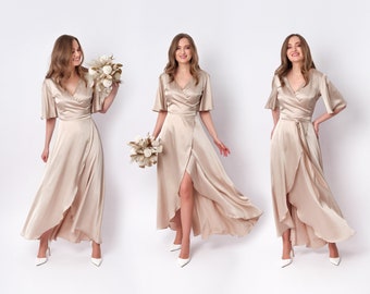 Robe en soie beige champagne, robe en soie, robe portefeuille, robe de demoiselle d'honneur, robe d'invité de mariage, robe pour femme, robe de soirée, robe longue