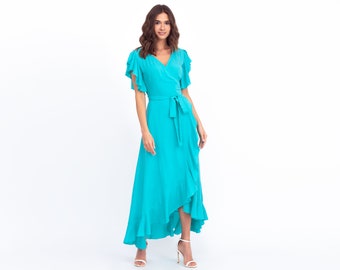 Turquoise wrap around dress, maxi dress, long dress, wedding guest dress,formal longsleeve dress,evening dress,blue elegant dress,maxi dress