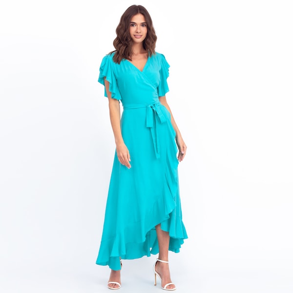 Turquoise wrap around dress, maxi dress, long dress, wedding guest dress,formal longsleeve dress,evening dress,blue elegant dress,maxi dress