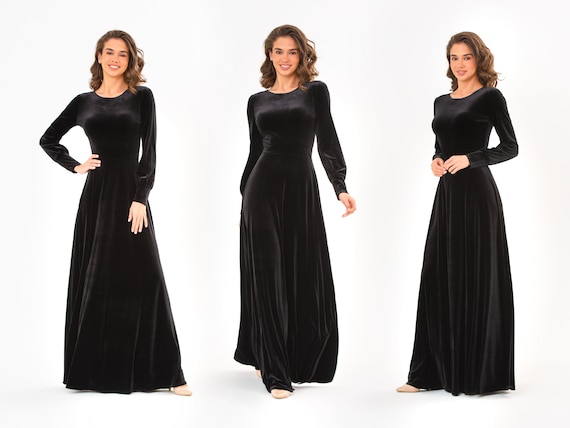 Black Velvet Maxi Dress: Elegant Long Sleeve Gown, Fall Wedding Guest, Modest Bridesmaid