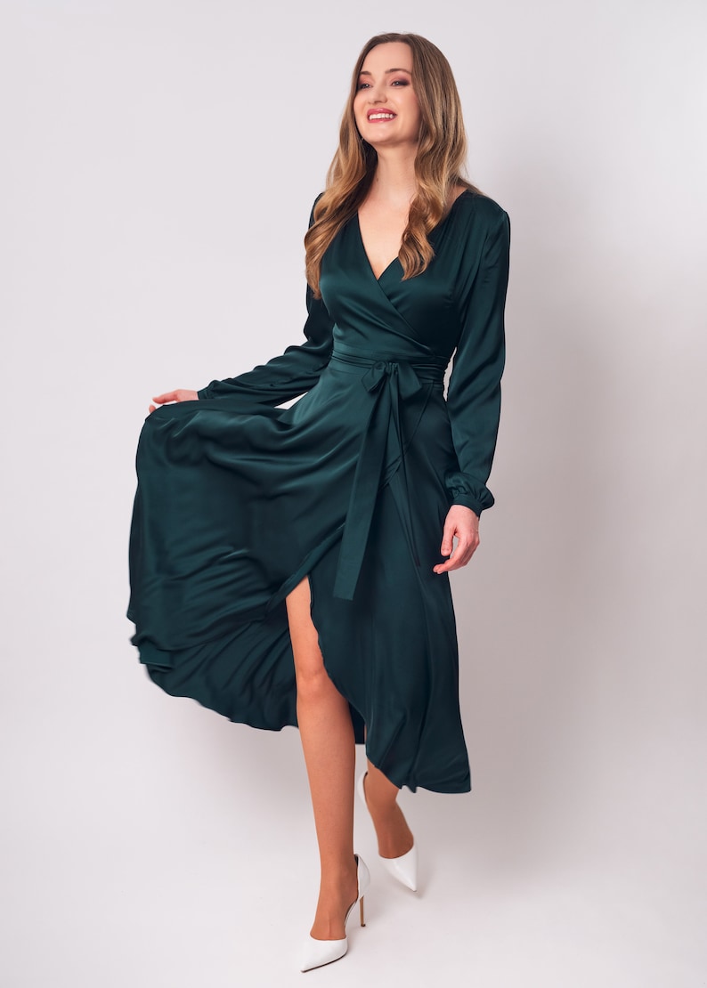 Forest Green Silk Dress Silk Dress Wrap Dress Bridesmaid Etsy