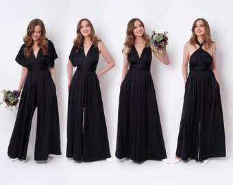 Black infinity jumpsuit, silk jumpsuit, bridesmaid jumpsuit, multi wrap multiway convertible jumpsuit, bridesmaid dress