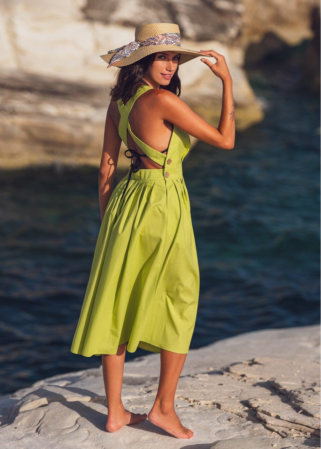 green emerald velvet dress Lime Midi Dress With Side Button Accents | Purple Door