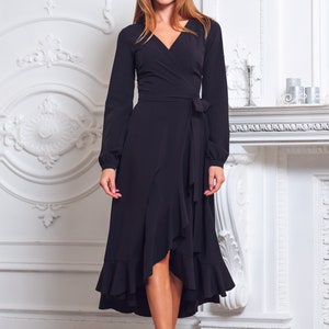 Robe portefeuille longue noire, robe de demoiselle d'honneur, robe de cocktail, robe d'invité de mariage, robe de soirée, robe formelle, robe de bal, robe de soirée image 10